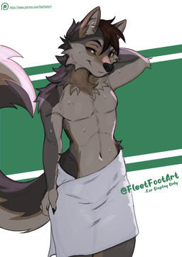 anthro bangs biped brown_eyes brown_hair clothed clothed_anthro clothed_male clothing featureless_chest fur grey_body grey_fur grey_tail hair hand_behind_head inner_ear_fluff looking_at_viewer male male_anthro pose short_hair smile solo standing tail text three-quarter_view towel towel_wrap tuft wet wet_body wet_fur fleet-foot canid canine canis mammal wolf 2025 artist_name digital_drawing_(artwork) digital_media_(artwork) english_text hi_res portrait three-quarter_portrait url