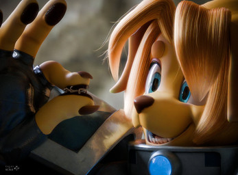 anthro armor between_fingers blonde_hair blue_eyes claws clothing duo extreme_size_difference female finger_claws fingerless_gloves fingerpads fur gloves hair handwear holding_another holding_character holding_micro larger_female male micro micro_male pauldron pawpads size_difference tan_body tan_fur text tales_of_scale dog_knight_rpg jeane_(ceehaz) bird_dog canid canine canis domestic_dog felid golden_retriever hunting_dog mammal retriever 2025 3d_(artwork) dialogue_in_description digital_media_(artwork) english_text hi_res