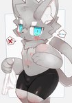 4_fingers anthro black_nose blue_eyes blush blush_lines bodily_fluids bottomwear briefs bulge clothed clothing ellipsis fingers fur genital_outline glistening glistening_bottomwear glistening_clothing glistening_shorts grey_body grey_fur grey_tail holding_briefs holding_clothing holding_object holding_underwear inner_ear_fluff kemono knee_blush looking_at_viewer male narrowed_eyes neck_tuft nipples open_mouth pupils raised_tail shorts shota slit_pupils solo spandex spandex_shorts speech_bubble sweat tail three-quarter_view tight_bottomwear tight_clothing tight_shorts topless triangle_nose tuft underwear white_body white_briefs white_clothing white_fur white_inner_ear white_inner_ear_fluff white_underwear young young_anthro young_male dinogaize mammal 2023 hi_res portrait three-quarter_portrait