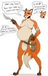 anthro bandage belly belt belt_only belt_pouch big_belly cross-popping_vein dagger female genitals green_eyes looking_at_viewer melee_weapon nude open_mouth pregnant pregnant_anthro pregnant_female pussy simple_background solo speech_bubble standing text vein weapon white_background patch_(artist) canid canine fox mammal absurd_res english_text hi_res