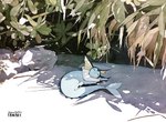 ambiguous_gender blue_body blue_fur feral fur lying lying_on_ground on_ground on_side plant resting solo tail under_shade kamonabeekon nintendo pokemon eeveelution generation_1_pokemon mammal pokemon_(species) vaporeon 2023 artist_name hi_res painting_(artwork) traditional_media_(artwork) watercolor_(artwork)