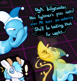anthro biped blue_body blue_hair bodily_fluids covering covering_mouth dialogue earbuds electronics facial_markings female fur genital_fluids group hair head_markings headphones highlights_(coloring) horn looking_at_another markings peeing peeing_in_mouth peeing_into_water peeing_on_another peeing_on_face simple_background speech_bubble spiral spiral_eyes steam surprised tears trio urine urine_on_face urine_stream water watersports white_body wide_eyed pincoosh deltarune mythology undertale_(series) languedoc darkner dragon elemental_creature furred_dragon furred_scalie mizzle_(deltarune) mythological_creature mythological_scalie scalie water_creature hi_res