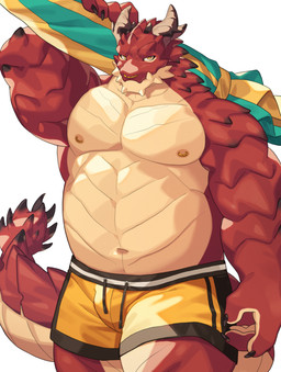 anthro barazoku bottomwear carrying_another chin_spikes clothed clothing facial_piercing facial_spikes head_horn holding_object horn jaw_spikes looking_at_viewer mace_tail male musclegut muscular navel nipple_piercing nipple_ring nipples nose_piercing nose_ring parasol pecs piercing pupils red_body red_scales ring_piercing scales serious shorts shoulder_carry simple_background slit_pupils solo spikes spikes_(anatomy) tail tan_body tan_scales topless topless_anthro topless_male ventral_scales weapon_tail white_background yellow_bottomwear yellow_clothing yellow_eyes yellow_shorts yed mythology rook_(nimratu) dragon mythological_creature mythological_scalie scalie wingless_dragon absurd_res digital_media_(artwork) hi_res portrait three-quarter_portrait