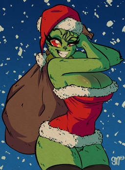 big_breasts bottomless breasts christmas_clothing christmas_headwear cleavage clothed clothing costume crossgender eyelashes female fur green_body green_fur hat headgear headwear holidays legwear long_eyelashes red_eyes sack santa_costume santa_hat smile snow stockings teeth sgtmadness christmas dr._seuss how_the_grinch_stole_christmas! the_grinch mammal hi_res