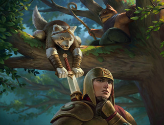 ambiguous_gender anthro armor brown_body brown_fur fur grey_body grey_fur group hair headgear helmet holding_melee_weapon holding_object holding_staff holding_sword holding_weapon in_tree male melee_weapon outside plant plate_armor smile staff stealing stealing_weapon sword tail tongue tongue_out tree weapon jason_kang artifact_(game) valve_corporation canid canine canis human mammal wolf 2020 absurd_res digital_media_(artwork) hi_res official_art