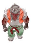 anthro belly bottomwear brown_body brown_fur bulge clothing cute_fangs fangs fur humanoid_hands kemono male navel overweight overweight_anthro overweight_male pants scarf simple_background solo teeth white_background ryuta-h bear mammal 2021 hi_res