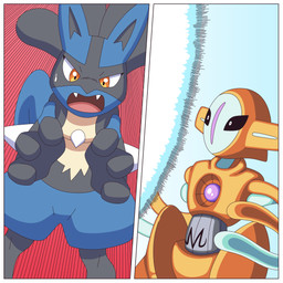 ambiguous_gender angry anthro blue_body blue_fur border duo fur open_mouth orange_body tail white_border ragster_(artist) nintendo pokemon canid canine deoxys generation_3_pokemon generation_4_pokemon humanoid legendary_pokemon lucario mammal normal_forme_deoxys pokemon_(species) 1:1 comic digital_media_(artwork) hi_res