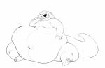 ambiguous_gender anthro belly big_belly big_tail biped black_nose chubby_cheeks claws eyes_closed feet front_view hand_on_belly huge_belly huge_thighs hyper hyper_belly morbidly_obese morbidly_obese_ambiguous morbidly_obese_anthro navel obese obese_ambiguous obese_anthro overweight overweight_ambiguous overweight_anthro simple_background sitting smile soles solo tail thick_neck thick_tail thick_thighs toe_claws whiskers white_background heftyotter puppypaws mammal mustelid otter 2019 absurd_res black_and_white digital_drawing_(artwork) digital_media_(artwork) full-length_portrait hi_res monochrome portrait