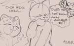 annoyed anthro blush bodily_fluids duo eyes_closed fur hand_on_face hand_on_own_face male narrowed_eyes nude question_mark smile sweat text thought_bubble sushiamazing working_buddies! kuehiko_roshihara tapio_chatarozawa domestic_cat felid feline felis mammal 2025 digital_media_(artwork) english_text monochrome sketch