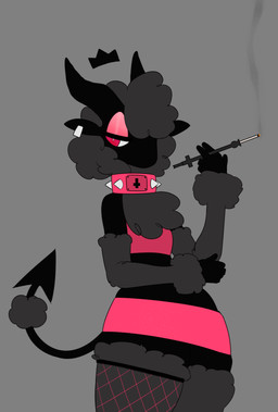 anthro cigarette cigarette_holder clothing collar female fishnet_clothing fishnet_legwear fishnet_thigh_highs holding_cigarette holding_object horn legwear solo spade_tail spiked_collar spikes tail thigh_highs wool_hair weeeeps bovid caprine caprine_demon demon mammal sheep sheep_demon 2022 absurd_res hi_res