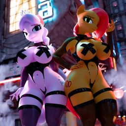 anthro big_breasts black_latex blue_eyes breasts cartoon_freckles cigarette city clothing cutie_mark duo eyelashes female freckled_face freckles green_eyes hair latex legwear lit_cigarette long_eyelashes multicolored_hair nipple_tape pasties pink_hair smoking smoking_cigarette stockings tape two_tone_hair white_hair loveslove friendship_is_magic hasbro my_little_pony babs_seed_(mlp) diamond_tiara_(mlp) earth_pony equid equine horse mammal pony 1:1 3d_(artwork) absurd_res digital_media_(artwork) hi_res