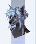 anthro black_nose blue_hair eyelashes facial_piercing fur glistening glistening_eyes grey_body grey_fur hair lip_piercing male piercing simple_background snakebite_piercing solo yellow_eyes marie_merkh canid mammal artist_name bust_portrait hi_res portrait