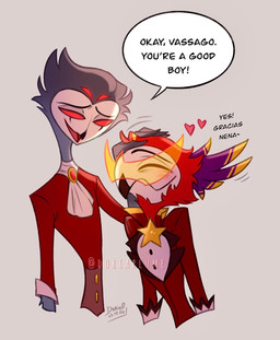 4_eyes anthro beak black_beak black_eyebrows blush blush_lines bottomwear brown_beak classy clothed clothed_anthro clothed_male clothing cravat dialogue duo empty_eyes exclamation_point eyebrows eyes_closed eyewear facial_markings feather_hair feathers glasses gloves good_boy grey_background grey_body grey_feathers half-closed_eyes hand_on_head handwear happy head_markings headpat heart_symbol light looking_down male markings motion_lines multi_eye multicolored_body multicolored_feather_hair multicolored_feathers narrowed_eyes open_mouth open_smile pants pink_tongue prince pseudo_hair purple_body purple_feathers raised_arm red_body red_eyes red_feathers red_heart royalty shadow shirt simple_background size_difference smile speech_bubble standing star text tongue toony topwear white_face yellow_body yellow_feathers doriaplume hellaverse helluva_boss stolas_(helluva_boss) vassago_(helluva_boss) avian bird bird_demon demon macaw neotropical_parrot owl parrot true_parrot 2024 artist_name dated digital_media_(artwork) english_text hi_res lighting signature spanish_text translated
