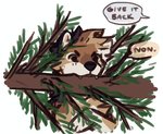 ambiguous_gender dialogue evergreen_tree feral fur holding_in_mouth holding_object multicolored_body multicolored_fur offscreen_character pine_tree plant solo speech_bubble text tree wereshiba canid canine canis domestic_dog mammal shiba_inu spitz french_text translated