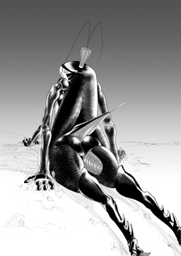 4_arms antennae_(anatomy) anthro butt crown exoskeleton female genitals headgear looking_back multi_arm multi_limb nude sharp_teeth solo teeth vulva gafomit versus_(manga) roya_roach arthropod blattodean cockroach insect absurd_res hi_res monochrome