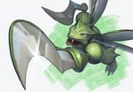 3_toes ambiguous_gender anthro blue_eyes fangs feet flying green_body open_mouth solo teeth toes wings supearibu nintendo pokemon generation_1_pokemon pokemon_(species) scyther 2020