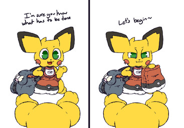 3_toes after_transformation ambiguous_gender anthro bib black_body black_ear_tips black_fur clean_diaper clothed clothing dialogue diaper diaper_bag dipstick_ears duo ear_markings featureless_crotch featureless_hands feet first_person_view folded_diaper fur holding_diaper holding_object imminent_diaper_change looking_at_viewer looking_down looking_down_at_viewer lying multicolored_ears narrowed_eyes on_back open_mouth open_smile permanent permanent_transformation pokeball_diaper regression simple_background smile snaggle_tooth standing submissive submissive_pov text tilde_after_text toes touching_diaper wearing_diaper white_background yellow_body yellow_fur boredomwithfriends nintendo pokemon pokemon_mystery_dungeon spike_chunsoft ace_(boredomwithfriends) generation_2_pokemon pichu pokemon_(species) 2025 english_text hi_res