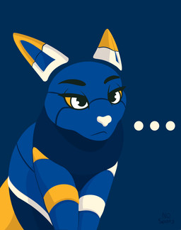 ambiguous_gender blue_background blue_body disappointed feral frown machine mascot simple_background solo stare tail text white_eyes yellow_eyes nospots e621 esix domestic_cat felid feline felis mammal robot 2025 digital_media_(artwork) hi_res reaction_image signature