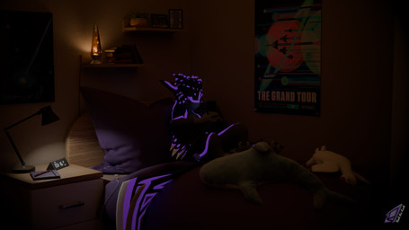 3_fingers 3_toes 4_ears anthro bed dark dark_body davali electronics feathered_wings feathers feet fingers furniture lying lying_on_bed male multi_ear night on_bed phone purple_body purple_eyes sitting solo solo_focus toes wings niali_the_avali ikea blahaj avali 16:9 3d_(artwork) blender_(artwork) digital_media_(artwork) hi_res widescreen