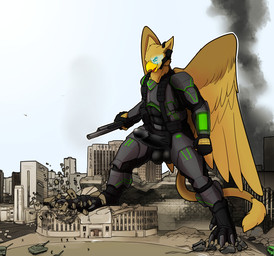 5_fingers anthro balls balls_outline beak biceps biped brown_body brown_fur building building_destruction bulge city city_background city_destruction cityscape claws clothed clothing destruction detailed_bulge erection erection_under_clothing eyewear feathered_wings feathers feet finger_claws fingers fur gear genital_outline genitals glasses holding_object holding_weapon house humanoid_genitalia humanoid_penis landscape_dwarfing macro macro_anthro macro_male male muscular muscular_anthro muscular_male open_mouth outside paws penile penis penis_outline rampage ranged_weapon sky smile solo tail toe_claws toes weapon wearing_glasses wings gasmaskfox mythology carpo avian gryphon mythological_avian mythological_creature hi_res