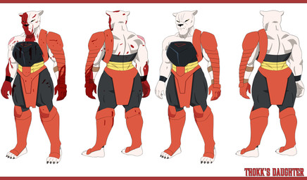 4_toes 5_fingers anthro armor back_muscles bare_back bare_shoulders barefoot biped black_claws black_clothing black_cuffs black_nose black_sclera black_skinsuit blood blood_on_arm blood_on_armor blood_on_bottomwear blood_on_breastplate blood_on_chest blood_on_clothing blood_on_ear blood_on_face blood_on_greaves blood_on_hand blood_on_loincloth blood_on_mouth blood_on_pauldron blood_on_skinsuit bodily_fluids bottomwear breastplate broad_shoulders butt chin_tuft claws clothed clothed_anthro clothed_female clothing collarbone cuffs_(clothing) ears_aside facial_tuft feet female finger_claws fingers fully_clothed fully_clothed_anthro fully_clothed_female fur fur_tuft greaves grumpy half-closed_eyes humanoid_hands iris light_body light_fur loincloth looking_at_viewer monotone_body monotone_fur mouth_closed multicolored_bottomwear multicolored_breastplate multicolored_clothing multicolored_loincloth multiple_angles muscular muscular_anthro muscular_arms muscular_female muscular_thighs narrowed_eyes pauldron plantigrade pupils red_armor red_greaves red_pauldron red_text simple_background skinsuit slit_pupils solo standing straight_legs text thick_neck three-quarter_view tight_clothing toe_claws toes tuft two_tone_bottomwear two_tone_breastplate two_tone_clothing two_tone_loincloth white_background white_body white_ears white_fur white_inner_ear wide_hipped_anthro wide_hipped_female wide_hips yellow_eyes aspirantpill image_comics invincible_(image_comics) thokk's_daughter felid lion mammal pantherine 2025 absurd_res character_name digital_drawing_(artwork) digital_media_(artwork) english_text hi_res letterbox model_sheet