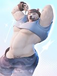 abstract_background angry anthro armor bedroom_eyes belly biceps black_claws black_nose black_pawpads black_paws blue_background bottomwear brown_eyes claws clothed clothing crop_top crotch_tuft facial_scar flexing fur glistening glistening_eyes glistening_nose headgear helmet looking_at_viewer male mostly_nude musclegut muscular muscular_anthro muscular_male narrowed_eyes navel one_eye_closed pants pawpads paws pecs pose raised_arms round_ears scar seductive shirt simple_background smile smiling_at_viewer smirk smirking_at_viewer solo standing star thick_thighs topwear triceps tuft white_background white_body white_ears white_fur dollymolly323 arca_(musician) epic_games fortnite polar_patroller bear mammal polar_bear ursine 2023 3:4 3d_(artwork) absurd_res blender_(artwork) digital_media_(artwork) hi_res portrait signature