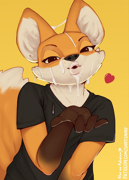 anthro biped bodily_fluids breasts brown_body brown_eyes bubble clothed clothing cum cum_bubble cum_on_face female fingers fur genital_fluids heart_symbol looking_at_viewer multicolored_body multicolored_fur orange_body orange_fur orange_tail pupils solo tail white_body white_fur white_tail sniffsnorf lucy_(sniffsnorf) canid canine fox mammal 2026