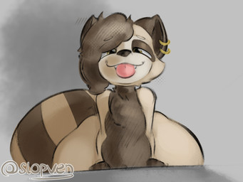 ambiguous_gender anthro belly brown_belly brown_body brown_chest brown_ears brown_fur brown_hair brown_nose brown_tail chest_tuft ear_piercing fur hair huge_hips huge_thighs looking_at_viewer piercing pink_tongue simple_background solo tail thick_thighs tongue tongue_out tuft wide_hips serven dante_(projectxenomone) mammal procyonid raccoon signature male_(lore)