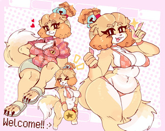anthro big_breasts bikini black_eyes black_nose bottomwear breasts choker cleavage clothed clothing dipstick_tail eyelashes feet female floppy_ears footwear front_view fur grey_bottomwear grey_clothing grey_skirt hand_on_hip heart_symbol jewelry looking_at_viewer lop_ears markings navel necklace pawpads pink_bikini pink_clothing pink_swimwear red_clothing red_topwear sandals shoes skirt slightly_chubby smile solo swimwear tail tail_markings thick_thighs topwear two-piece_swimsuit white_body white_fur wide_hips yellow_body yellow_fur miaval_tec animal_crossing nintendo isabelle_(animal_crossing) canid canine canis domestic_dog mammal shih_tzu toy_dog hi_res