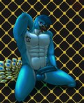 abstract_background anthro balls big_penis feathers foreskin genitals hand_behind_head kneeling looking_at_viewer male muscular muscular_male nude penis seductive solo tattoo hermesdidit king_zanic_(character) avian bird galliform indian_peafowl peafowl phasianid hi_res