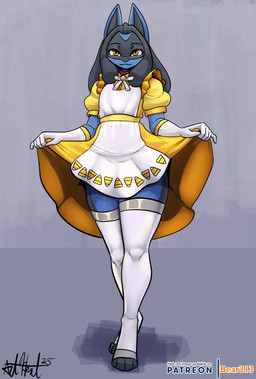 ambiguous_gender anthro biped black_body black_fur blue_body blue_fur clothed clothing clothing_lift dreadlocks dress dress_lift front_view fur orange_eyes solo standing thick_thighs bear213 nintendo pokemon luco_canhya canid canine generation_4_pokemon lucario mammal pokemon_(species) hi_res male_(lore)