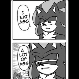 :3 anthro black_nose chest_tuft comic_panel dialogue female group humor male narrowed_eyes pointy_ears simple_background smile smirk speech_bubble trio tuft white_background oninsfw sega sonic_the_hedgehog_(series) rouge_the_bat shadow_the_hedgehog sonic_the_hedgehog bat eulipotyphlan hedgehog mammal 1:1 2koma black_and_white comic hi_res monochrome
