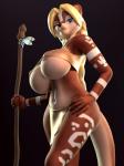 2015 3:4 3d_(artwork) anthro areola big_breasts blonde_hair blue_eyes bottomwear breasts clothing digital_media_(artwork) female hair hand_on_hip haukena_(rnixon) hi_res huge_breasts loincloth looking_at_viewer looking_down low-angle_view mammal markings melee_weapon mustelid navel otter polearm portrait smile solo staff straps three-quarter_portrait topwear tribal under_boob vest vulpesco weapon wide_hips