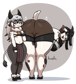 ankle_tuft anthro arm_tuft armwear bent_over big_breasts big_bulge big_penis black_bottomwear black_clothing black_hair black_highlights black_horn black_legs black_shorts black_stripes blush blush_lines bone bottomwear bovid_horn breasts brown_bottomwear brown_clothing brown_eyes brown_shorts bulge caprine_horn clothing detailed_bulge duo female femboy fishnet_armwear fishnet_clothing fishnet_topwear fist fur genital_outline genitals goat_horn hair highlights_(coloring) horn huge_penis leg_tuft loincloth loincloth_ring male mature_female mottled mottled_body mottled_fur neck_tuft open_mouth penis penis_outline pink_nose shorts skull small_but_hung smile stripes tail tail_tuft teasing teasing_with_butt topwear tuft white_body white_fur white_hair white_tail wrist_tuft jhenightfox european_mythology greek_mythology mythology zushi_the_shaman bovid bovine hybrid mammal minotaur satyr 2025 hi_res mother_(lore) mother_and_child_(lore) mother_and_son_(lore) parent_(lore) parent_and_child_(lore) parent_and_son_(lore) son_(lore)