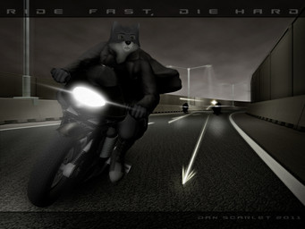 anthro brown_eyes dark fur grey_body grey_fur group highway holding_fixture male motorcycle solo_focus text vehicle dan_scarlet canid canine canis mammal wolf 2011 3d_(artwork) 4:3 digital_media_(artwork) hi_res
