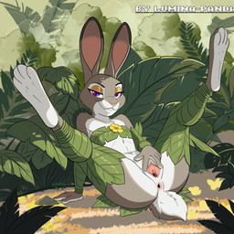 anthro anus female flower gaping gaping_anus genitals golden_eyelids legs_up looking_at_viewer plant plant_clothing solo spread_legs spread_vulva spreading vulva lumina-panda disney zootopia judy_hopps lagomorph leporid mammal rabbit hi_res