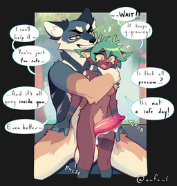 anthro bodily_fluids breasts cum dialogue dominant dripping duo erection excessive_genital_fluids female genital_fluids genitals knot larger_dom male male/female nature outside penis plant public sex size_difference smaller_female submissive text thigh_sex tree awfawl canid canine canis deer domestic_cat domestic_dog felid feline felis mammal wolf english_text hi_res