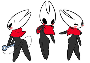 anthro black_body black_exoskeleton black_eyes blush blush_stickers bodily_fluids breasts butt clothing exoskeleton featureless_breasts featureless_crotch featureless_hands featureless_legs female female_anthro holding_object holding_weapon looking_at_viewer medium_breasts non-mammal_breasts one_eye_closed red_blush red_clothing red_topwear simple_background solo sweat topwear weapon white_background wink winking_at_viewer squogs hollow_knight_(franchise) team_cherry hornet_(hollow_knight) arthropod insect 2026 digital_media_(artwork) hi_res