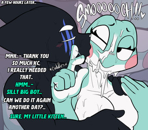 after_sex afterglow anthro black_body black_ears blush blush_lines bodily_fluids cuddling cum cum_on_face dialogue duo eye_scar eyebrows facial_scar genital_fluids green_body green_skin kissing male nude scar sweat text white_body white_eyebrows white_skin blackarabi arabi_(blackarabi) kc_(kingclown) amphibian domestic_cat felid feline felis frog mammal toad_(frog) english_text