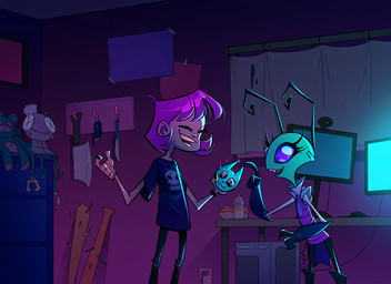camera clothing colored_nails computer duo electronics female female/female green_body green_skin hair knife monitor nails plushie purple_hair shirt t-shirt topwear webcam coconutmilkyway invader_zim nickelodeon gaz_membrane tak_(invader_zim) alien human irken mammal