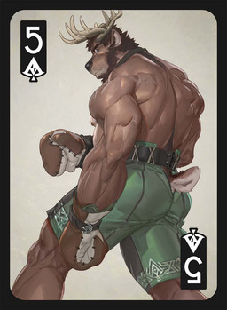 anthro antlers back_muscles beard biceps black_border black_nose border bottomwear boxing_gloves brown_body brown_clothing brown_fur brown_gloves brown_hair brown_handwear card clothed clothing deltoids facial_hair five_of_spades fur gloves green_bottomwear green_clothing green_shorts hair handwear horn looking_at_viewer looking_back looking_back_at_viewer male muscular muscular_anthro muscular_male playing_card shorts small_tail solo tail topless triceps tooboshoo deer mammal new_world_deer reindeer 2021