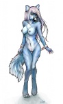 anthro bdsm biped bondage bound breasts chain chest_tuft cuff_(restraint) female frown fur genitals glaring hair muzzle_(object) muzzled nipples nude purple_hair pussy restraints shackles slave solo standing submissive submissive_female tail tuft unimpressed fudchan luanova canid canine fox mammal