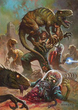 ambiguous_gender armor brain building claws clothing feral gore group gun guts holding_character holding_gun holding_object holding_ranged_weapon holding_weapon intestines laser_gun looking_at_viewer male muscular muscular_male open_mouth organs overalls ranged_weapon red_eyes sharp_teeth shooting_gun teeth weapon alex_horley mars_attacks! mars_attacks:_occupation alien alien_humanoid dinosaur humanoid prehistoric_species reptile scalie official_art