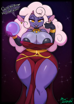 4_fingers anthro areola areola_slip big_breasts black_body bracelet breasts buckteeth cleavage clothed clothing curly_hair curvy_figure dialogue dress ear_piercing ear_stud female fingers front_view hair half-closed_eyes holding_orb hourglass_figure huge_breasts huge_thighs jewelry long_hair looking_at_viewer narrowed_eyes nipple_slip nipples open_mouth open_smile orb piercing pink_inner_ear purple_areola purple_body purple_nipples red_clothing red_dress smile solo sparkles speech_bubble standing talking_to_viewer teeth text thick_thighs white_hair wide_hips yellow_clothing yellow_dress yellow_eyes miso_souperstar yumna_(ninjadoug) bovid caprine mammal 2026 absurd_res digital_media_(artwork) english_text hi_res
