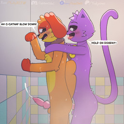 anal anal_penetration anthro balls bathroom bathroom_sex begging black_eyes bodily_fluids butt charm_(jewelry) collar cum cum_drip cum_from_ass cum_in_ass cum_inside cum_on_self cum_on_wall cum_string cumshot dialogue dominant dominant_male dripping duo ears_down ears_up ejaculation erection fur genital_fluids genitals greeting jewelry knot knot_root knotted_penis leash leashed_collar long_tail male male/male necklace orange_body orange_fur penetration penile penile_penetration penis penis_in_ass pivoted_ears pupils purple_body purple_fur saliva sex shaking shower shower_room shower_sex side_view speech_bubble submissive submissive_male sweat sweatdrop tail text tongue tongue_out wet white_pupils yellow_body yellow_fur tinky mob_entertainment poppy_playtime smiling_critters catnap_(poppy_playtime) dogday_(poppy_playtime) canid canine canis domestic_cat domestic_dog felid feline felis mammal 1:1 absurd_res english_text hi_res url