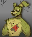 anthro black_sclera buckteeth grey_background looking_at_viewer machine male narrowed_eyes open_mouth open_smile simple_background smile solo teeth scraffyraccoon five_nights_at_freddy's five_nights_at_freddy's_3 scottgames springtrap_(fnaf) animatronic lagomorph leporid mammal rabbit robot 2021 half-length_portrait hi_res portrait