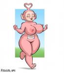 big_breasts blush bouncing_breasts breasts curvy_figure eyes_closed female genitals heart_symbol nipples not_furry nude open_mouth pussy simple_background solo thick_thighs voluptuous wide_hips kostos_art teletubbies humanoid teletubby 2017 hi_res