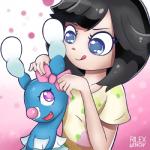 ambiguous_gender black_hair blue_body blue_eyes breasts clothed clothing duo eyelashes fangs female feral hair looking_back looking_down open_mouth pink_eyes ribbons simple_background smile teeth tongue tongue_out rilex_lenov nintendo pokemon selene_(pokemon) brionne generation_7_pokemon mammal marine pinniped pokemon_(species) 1:1 2016 digital_media_(artwork)