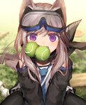 anime_style ball blonde_hair cute_fangs day eyewear fangs female goggles grass hair looking_at_viewer object_in_mouth outside pink_eyes plant smile solo tail tail_motion tailwag teeth tennis_ball tennis_ball_in_mouth asicah arknights hypergryph studio_montagne cardigan_(arknights) animal_humanoid canid canid_humanoid canine canine_humanoid dog_humanoid humanoid mammal mammal_humanoid 2019