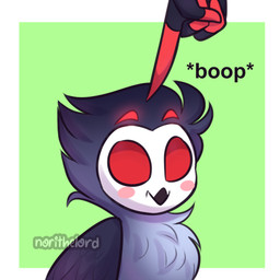 4_eyes beak black_body black_feathers blush blush_stickers boop disembodied_hand duo empty_eyes feathers feral feral_focus feralized fluffy fluffy_chest geometric_background grey_body grey_feathers male multi_eye poking poking_head red_eyes red_fingers simple_background smile solo_focus text white_face norithelord hellaverse helluva_boss blitzo_(helluva_boss) stolas_(helluva_boss) avian bird demon imp owl owl_demon 1:1 2021 artist_name watermark